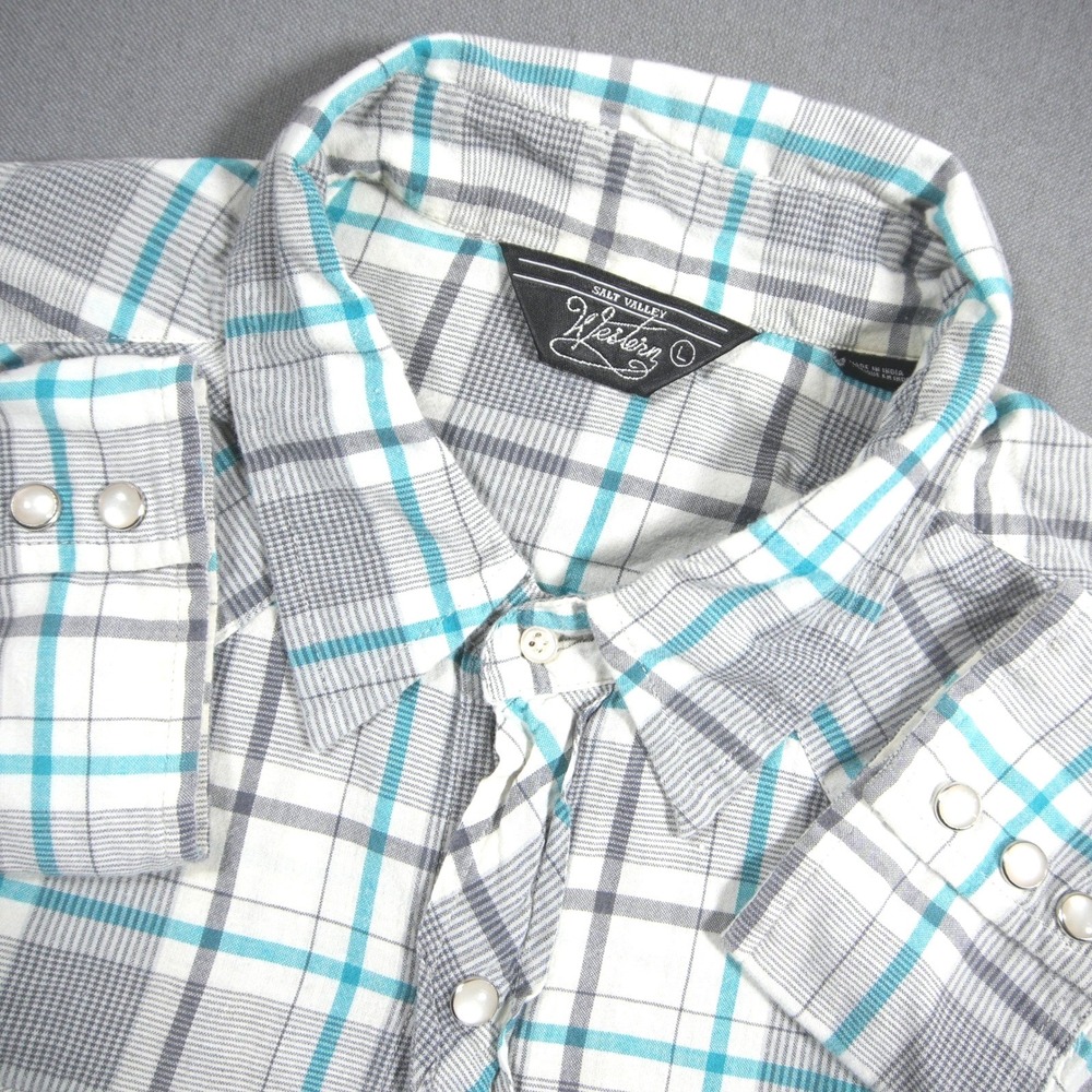 VTG Salt Valley Western Cowboy Plaid Pearl Snap Men Shirt L Ranch Work Indie